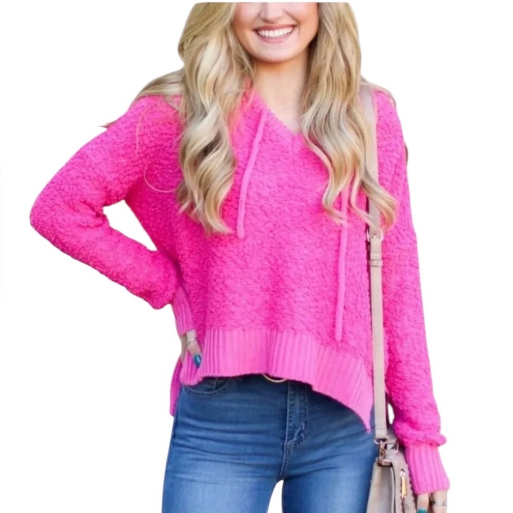 POL Popcorn Knit Hoodie Sweater Women Medium Pink